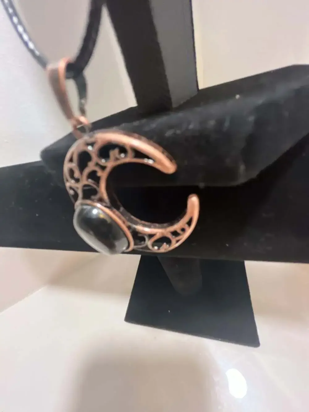 Vintage Hollow Crescent Moon Pendant with Black Stone on Black Cord